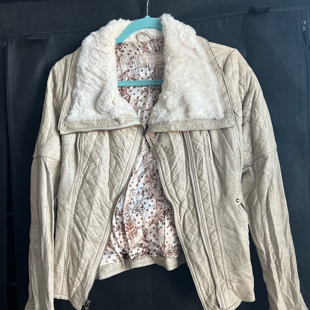Guess Cream Quilted Leather Jacket with Faux Fur Collar